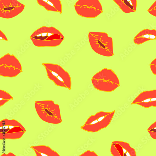 Lips seamless pattern. Cosmetics and makeup seamless pattern. Closeup beautiful lips of woman with red lipstick. Sexy lip make-up. Open mouth. Sweet kiss. Seamless pattern in pop style.