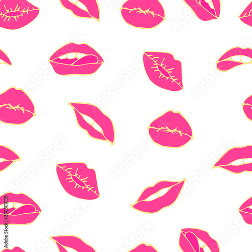 Lips seamless pattern. Cosmetics and makeup seamless pattern. Closeup beautiful lips of woman with red lipstick. Sexy lip make-up. Open mouth. Sweet kiss. Seamless pattern in pop style.