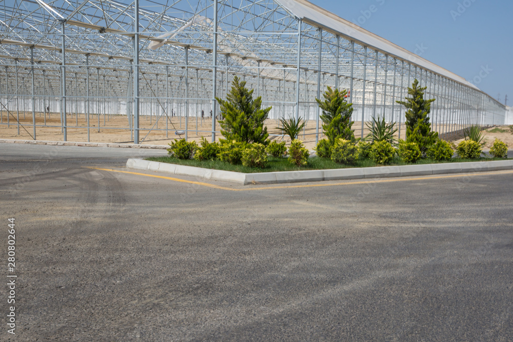 Fototapeta premium White green house on blue sky background. Plants crop in greenhouse. Greenhouses greenhouses glass seedlings of flowers and plants the nature .