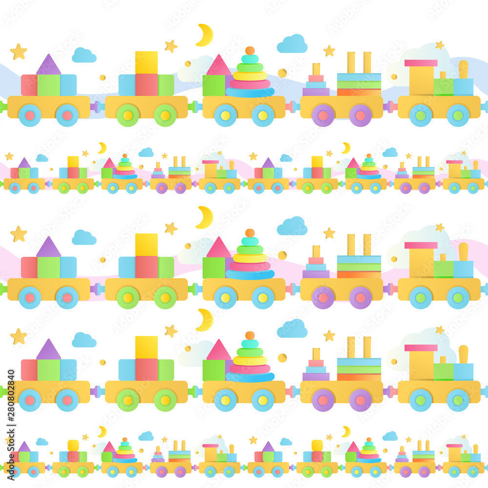 Wooden train baby toy seamless line for decorating invitation cards and banners. Decorative divider elements in pastel colors. Montessori toddler toys cartoon illustrations. Colorful doodle pattern.