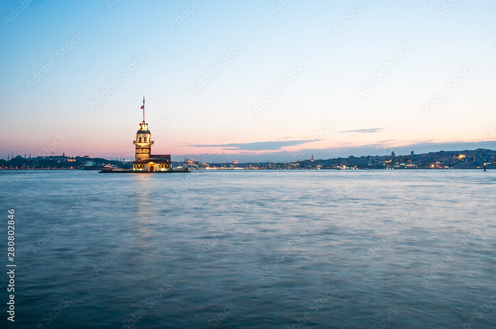 Maiden’s tower at sunset, Tower and lighthouse at bosphorus night in istanbul, wonderful famous island in Turkey