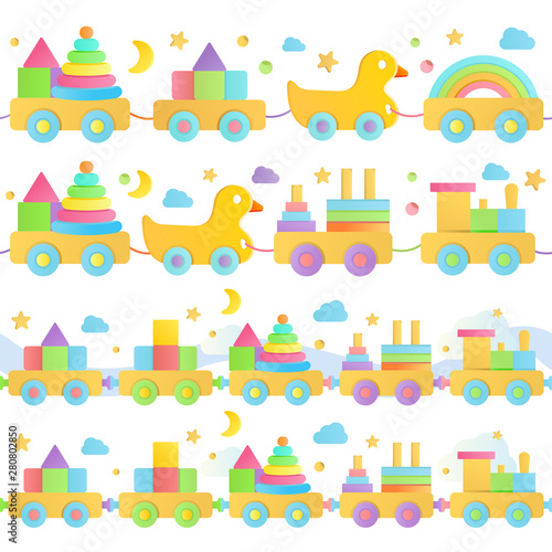 Wooden train baby toy seamless line for decorating invitation cards and banners. Decorative divider elements in pastel colors. Montessori toddler toys cartoon illustrations. Colorful doodle pattern.