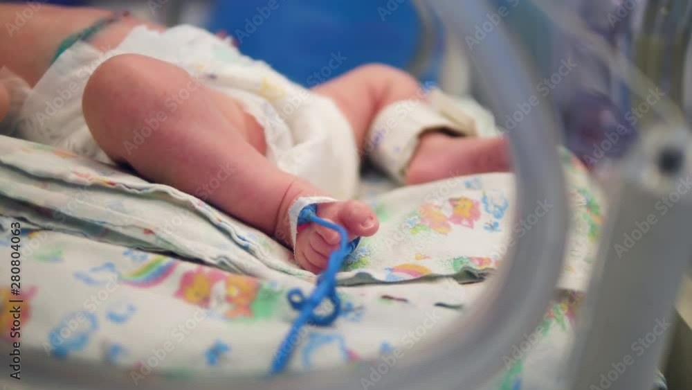 Newborn baby sleeps in a medical incubator in a ward. Newborn baby sleeps in a medical incubator in a ward.