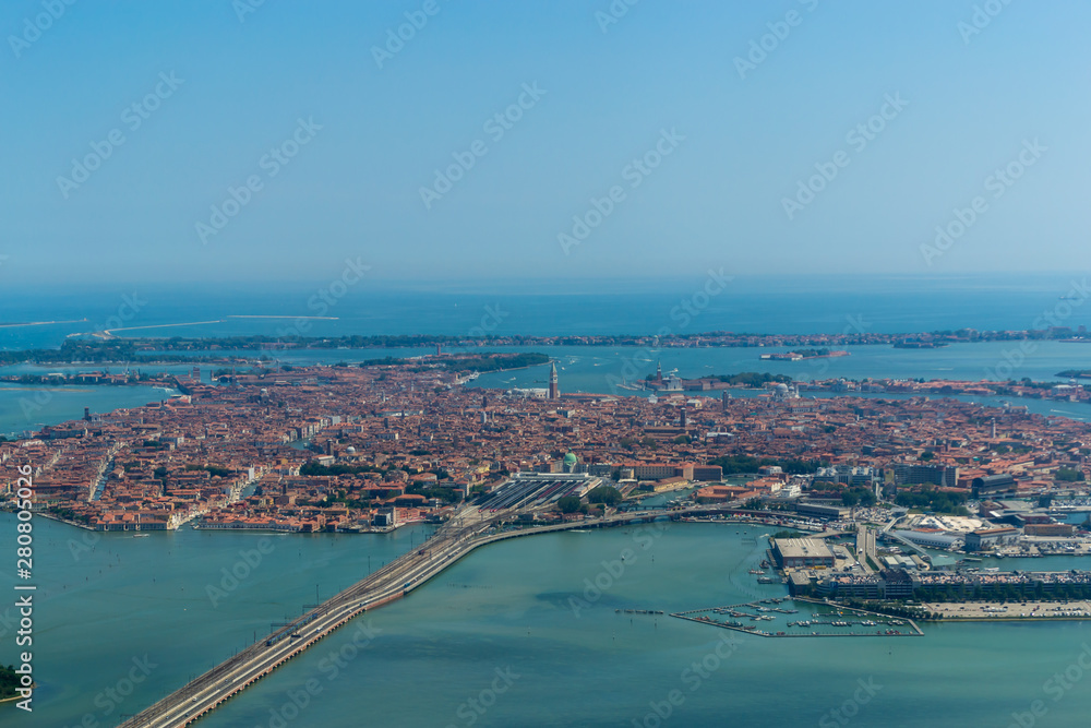 The panoramic bird's eye view of Venice, Italy.