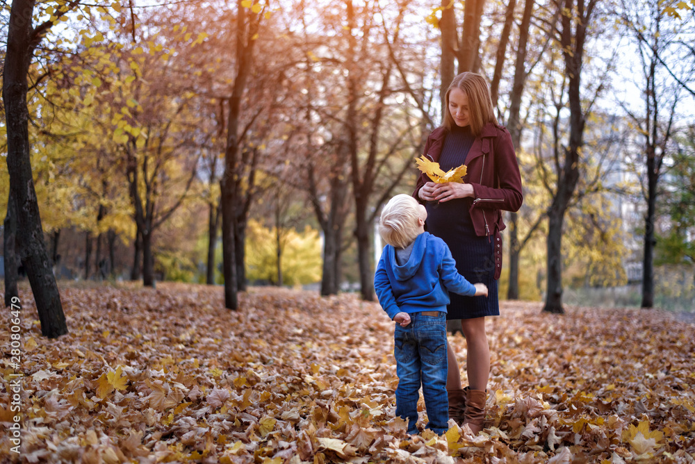 Little blond boy gives his pregnant mother yellow leaf. Autumn park on the background