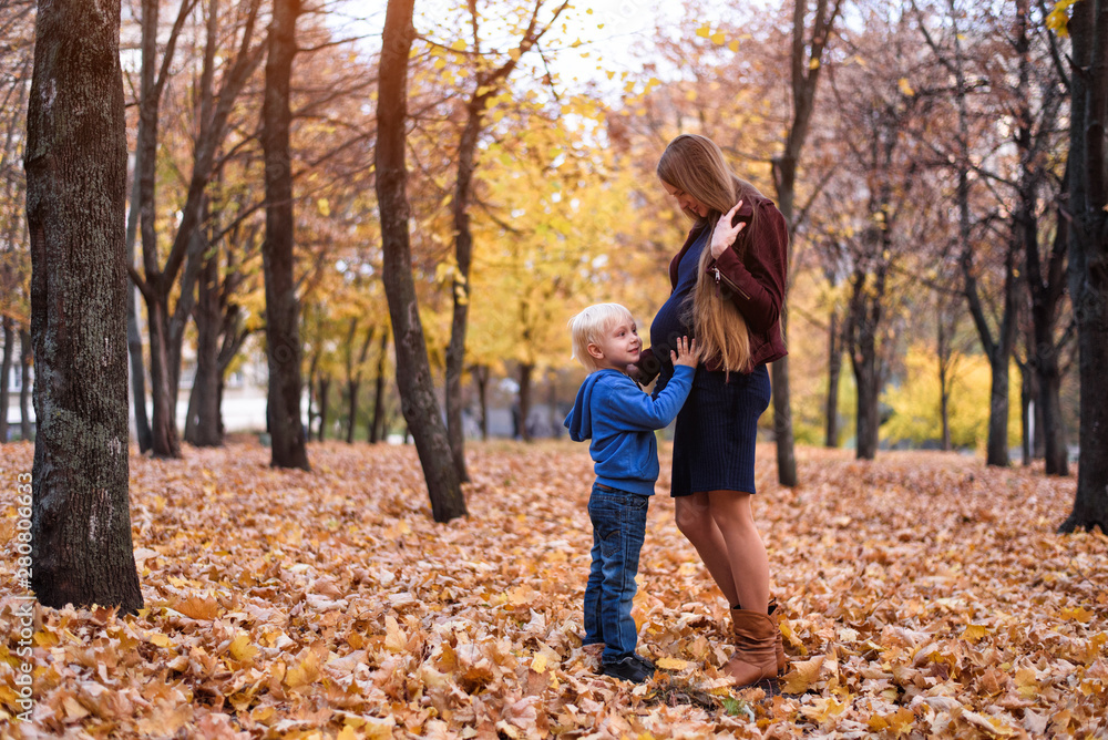Little blond boy hugs his pregnant mom's belly. Autumn park on the background Little blond boy hugs his pregnant mom's belly. Autumn park on the background
