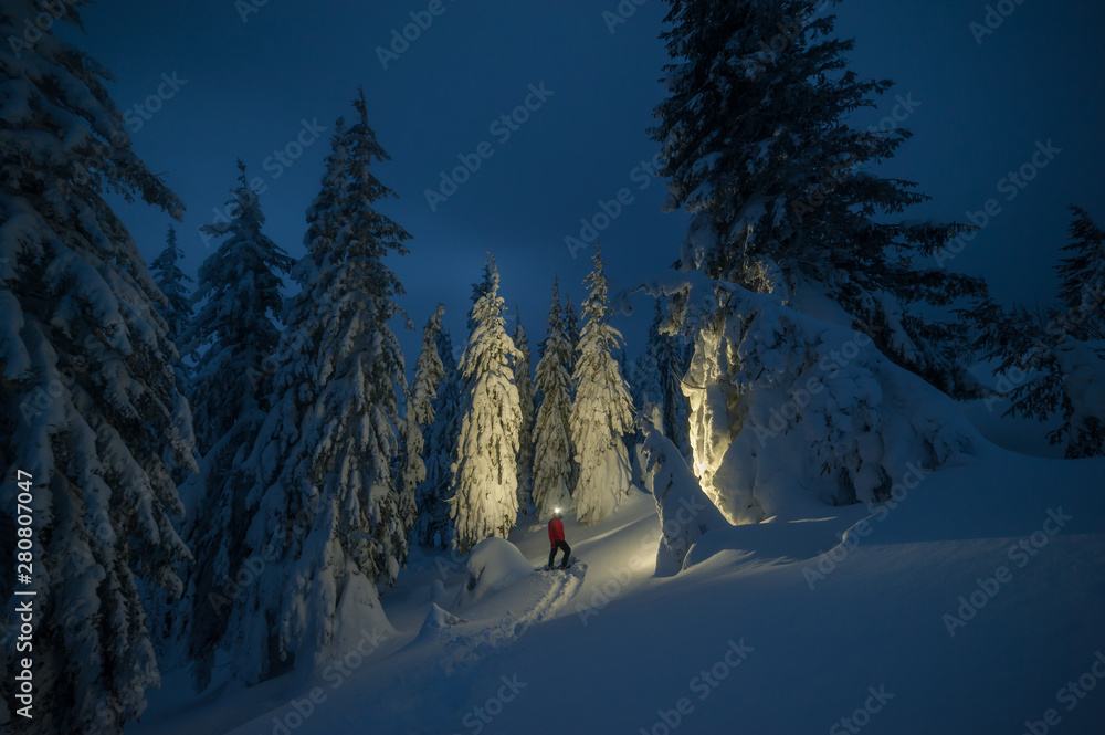 Fotografie Lonely hiker in winter twilight forest