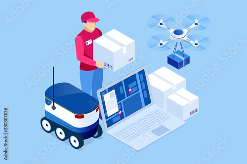 Isometric online Express, Free, Fast Delivery, Shipping concept. Checking delivery service app on a mobile phone. Delivery-truck with cardboard box, mobile phone background.