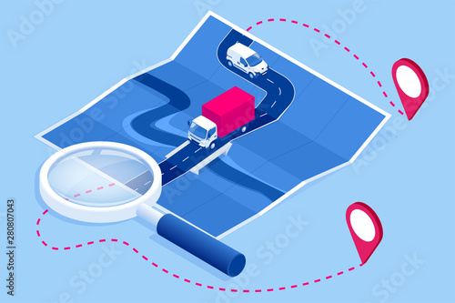Isometric online Express, Free, Fast Delivery, Shipping concept. Checking delivery service app on a mobile phone. Delivery-truck with cardboard box, mobile phone background.