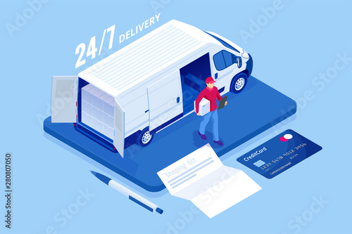 Isometric online Express, Free, Fast Delivery, Shipping concept. Checking delivery service app on a mobile phone. Delivery-truck with cardboard box, mobile phone background.