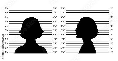 Police lineup. Mugshot background with silhouette women. Black silhouette on white background. Front and profile of  woman. Isolation. Vector illustration