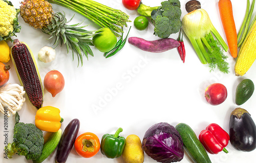 Fresh vegetables and fruits isolated on white background with copy space,Colorful fruits and vegetables,clean eating,vegetables and fruits background,top view,Set of fruits and vegetables,Food concept