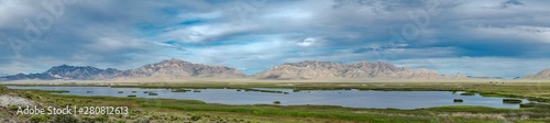 USA, Nevada, Nye County, Wayne E. Kirch Wildlife Management Area. Panorama of Adams-MgGill Reservoir along the White River. This is a small tributary of the Colorado River