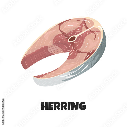 Vector Realistic Illustration of Steak of Herring isolated on White Background. Delicious Fish Fillet in Cartoon Style. Concept Design could be used for Menu, Banners, Poster of Restaurant, Fish Shop