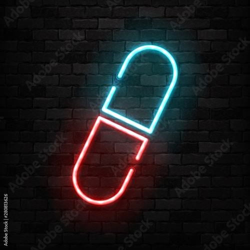 Vector realistic isolated neon sign of Pill logo for decoration on the wall background. Concept of healthcare and medicine.