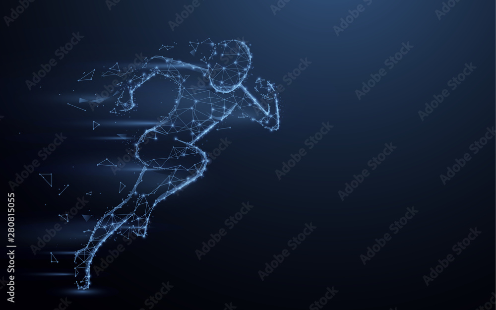 Abstract running man form lines and triangles, point connecting network on dark blue background. Illustration vector