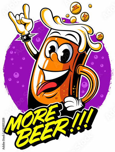 Cartoon style beer mug with the rock, heavy metal sign, vector cartoon character.