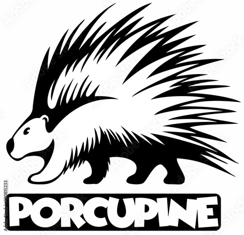Cartoon style porcupine, black and white animal vector logo.