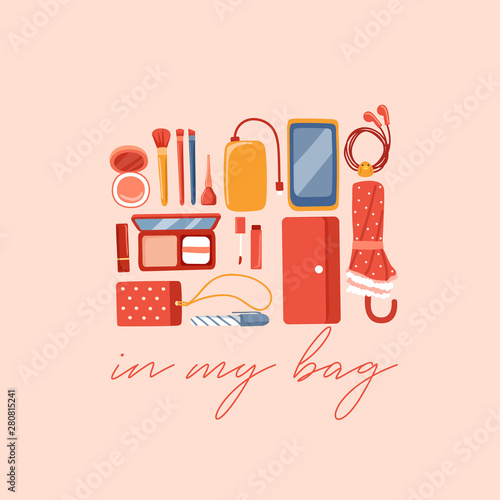 Girly personal items isolated on pastel background : Vector Illustration