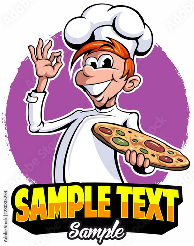 The chief cook offers to taste pizza, vector logo, vector cartoon character of a chef`s man with a pizza.