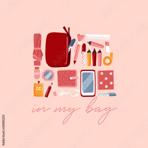 Girly personal items isolated on pastel background : Vector Illustration