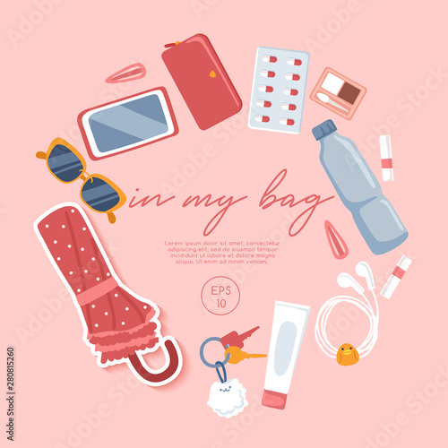Girly personal items isolated on pastel background : Vector Illustration