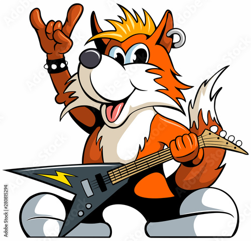 Cartoon style fox character with the electic guitar, showing rock it sign, vector cartoon character.