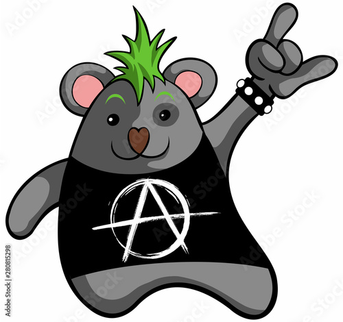 Cartoon style mouse character with green hair, showing rock it sign, vector cartoon character.