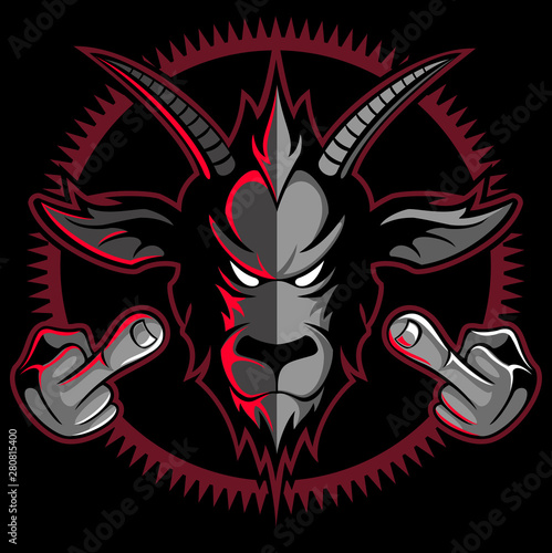 Goat face with middle fingers up, stylized vector symbol, vector goat logo.