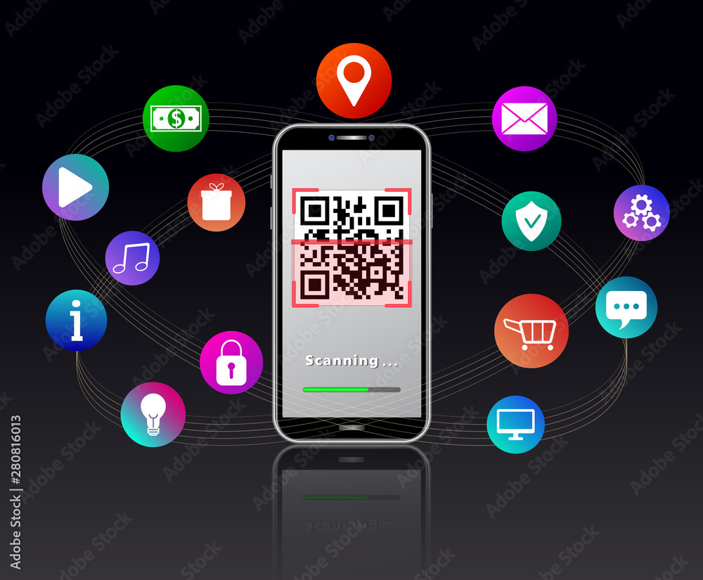 QR code reader on smartphone touch screen isolated on black glossy table. Abstract background with colorful mobile app icons like shopping cart, padlock, gears, email, location pin, shield
