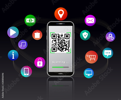 Scanning QR code using smartphone isolated on black glossy table. Abstract background with colorful mobile app icons like shopping cart, padlock, gears, email, location pin, gift