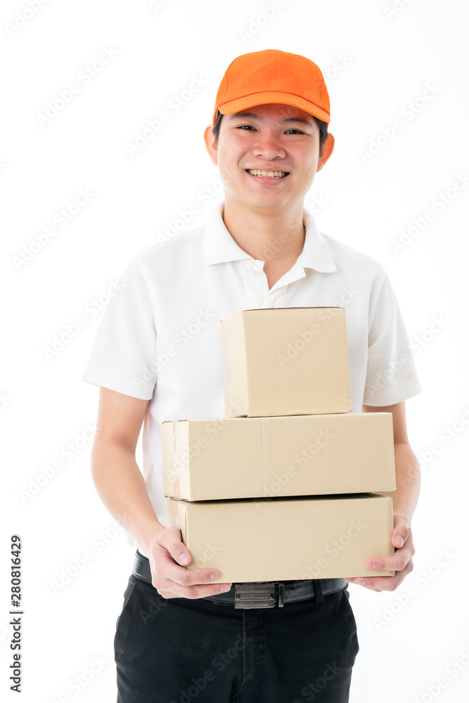 smart asian messenger delivery man hand hold product boxes portrait half body isolate white background smart asian messenger delivery man hand hold product boxes portrait half body isolate white background