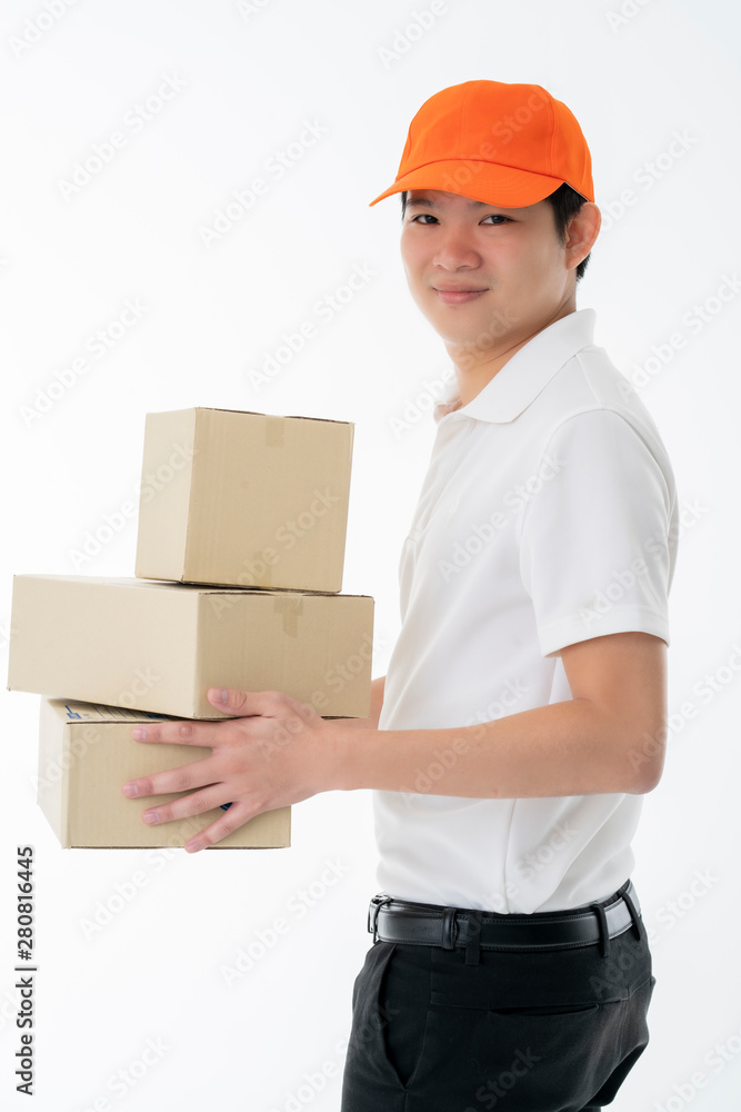 smart asian messenger delivery man hand hold product boxes portrait half body isolate white background smart asian messenger delivery man hand hold product boxes portrait half body isolate white background