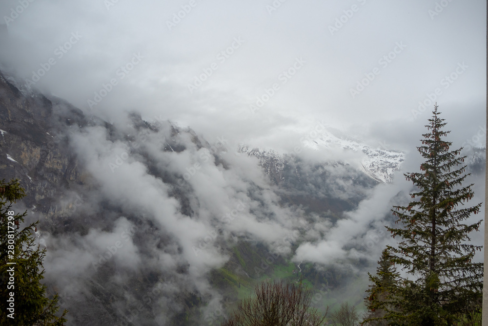 Beautiful view of misty mountain for background with copy space