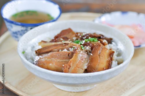 rice topped with pork or pork stew photo