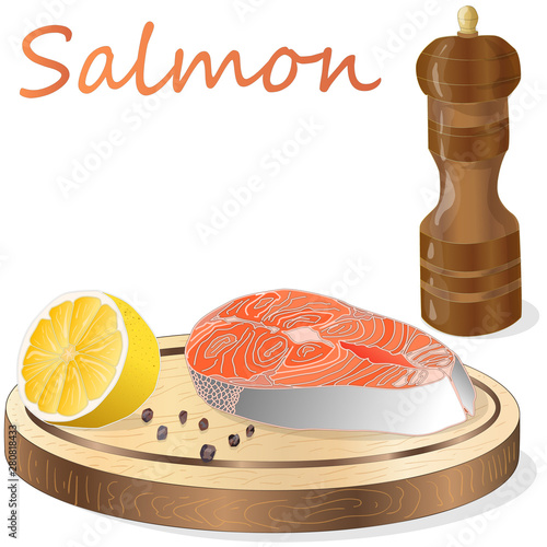 Raw salmon fillets with herbs on wooden dwsk. White background. Vector illustration