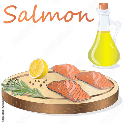 Raw salmon fillets with herbs on wooden dwsk. White background. Vector illustration