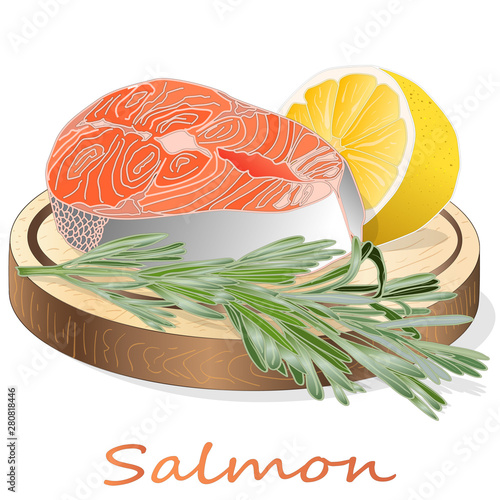 Raw salmon fillets with herbs on wooden dwsk. White background. Vector illustration