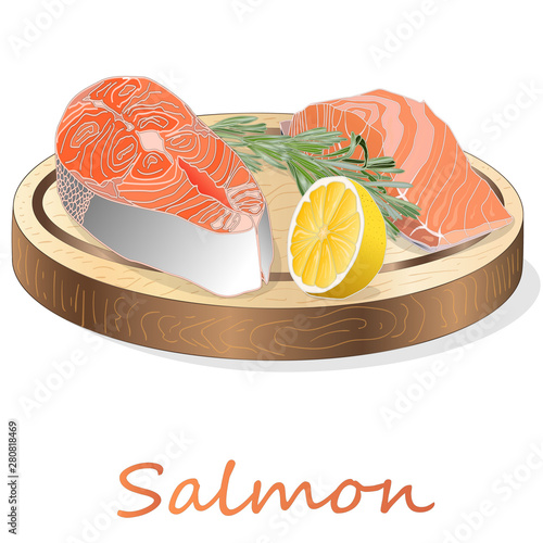 Raw salmon fillets with herbs on wooden dwsk. White background. Vector illustration