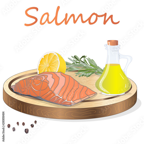 Raw salmon fillets with herbs on wooden dwsk. White background. Vector illustration