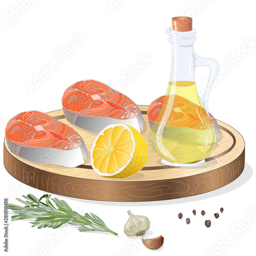 Raw salmon fillets with herbs on wooden dwsk. White background. Vector illustration