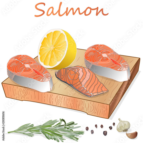 Raw salmon fillets with herbs on wooden dwsk. White background. Vector illustration