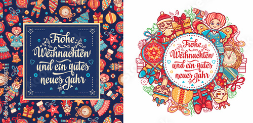 German text Frohe Weihnachten and Neues Jahr. Christmas typography.Christmas in Belgium, Austria, Liechtenstein, Switzerland.Happy Christmas in Deutschland.Xmas greeting card Weihnachtskarte.Neujahr 