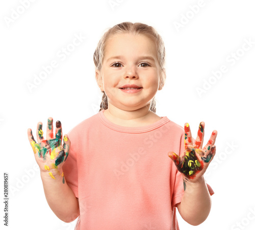 Funny little girl with hand...