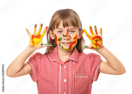 Funny little girl with hand...