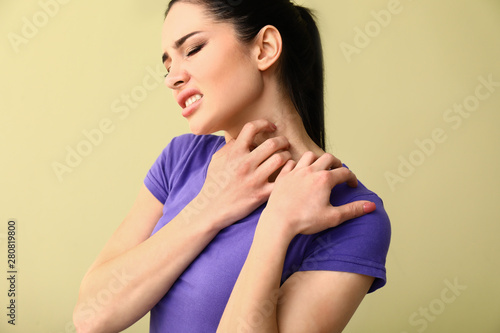 Konstfotografi Young woman with skin allergy on color background