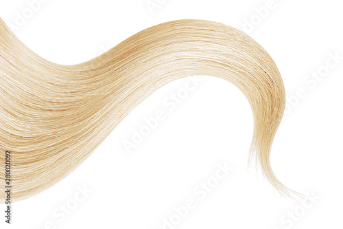 Blond hair isolated on white background. Long ponytail.