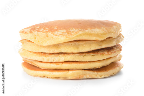 Stack of tasty pancakes on white background
