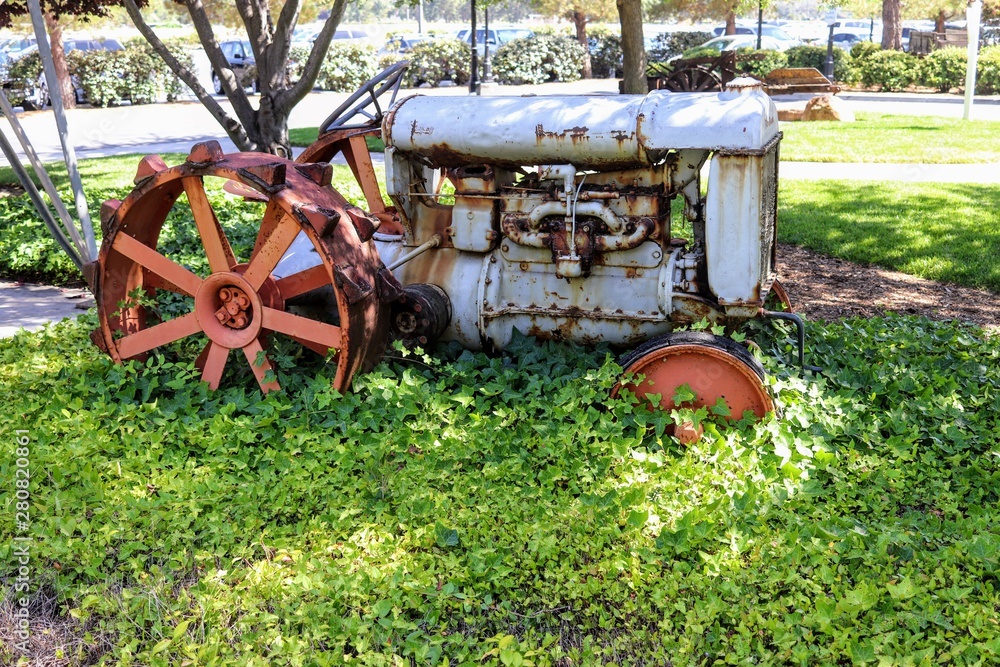 Rusty old vintage tractor covered in vines