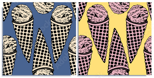Vector set of seamless patterns with wonderful colorful ice cream, flavor of creme brulee and strawberry, hand-drawn in graphic and real-style at the same time. Delicate color: blue, pink. Retro